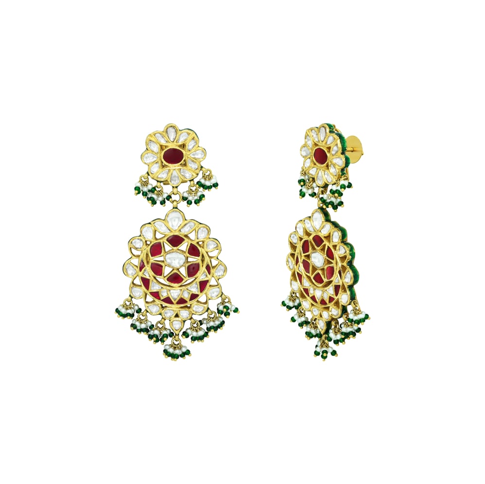 Crescent Polki Necklace Set with Red Talaf, Emeralds, and Pearls